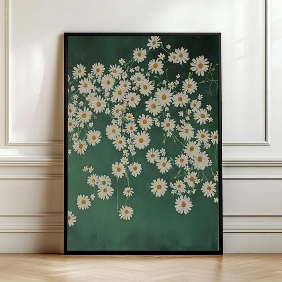 Chamomile Wall Art Printable Emerald Green Poster Art, Moody White Flower , Cottage Core Wall Decor, Spring Vintage Style Flower Wall Art, Size 16x24 UNFFRAMED F03.1.6l461