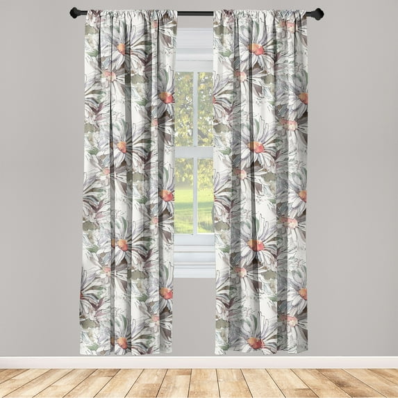 Chamomile Window Curtains, Pastel Tones Daisy Sketchy Drawing Watercolor Meadow Flowers, Lightweight Decor 2-Panel Set with Rod Pocket, Pair of - 28"x63", Ivory Slate Brown and Salmon, by Ambesonne
