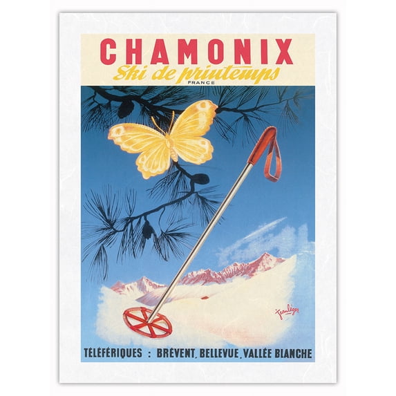 Chamonix France - Spring Skiing (Ski de Printemps) - Vintage Travel Poster by Jean Leger c.1950 - Japanese Unryu Rice Paper Art Print (Unframed) 12 x 16 in