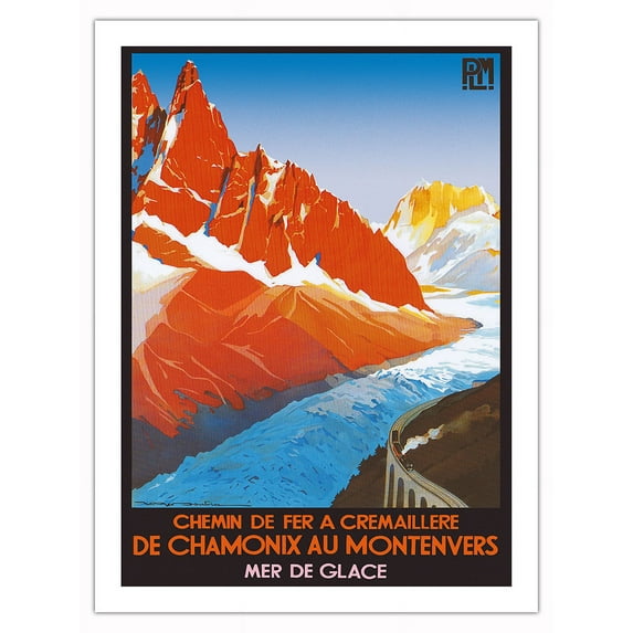 Chamonix to Montenvers France - Mer de Glace Glacier - (PLM) French Railroad - Vintage Travel Poster by Roger Soubie c.1920 - Fine Art Matte Paper Print (Unframed) 24x32in