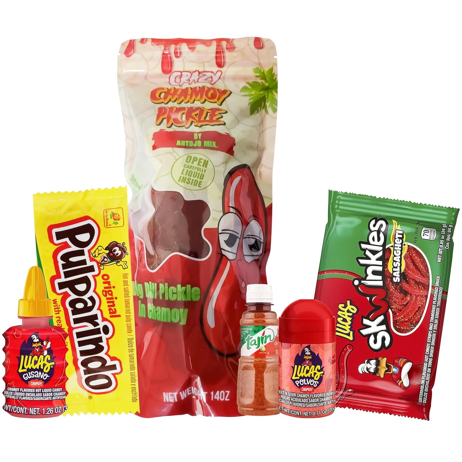 Chamoy Pickle Kit Jumbo, Polvo, Gusano, Skwinkles Salsaghetti