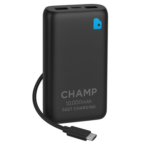 Champ 10,000mAh Portable Charger Power Bank, Fast 20W Dual USB-C Battery Pack with Built-in Cable, Travel Power Solution for iPhone, Samsung Galaxy, MacBook, iPad, Pixel, Kindle, AirPods Over 1 LB