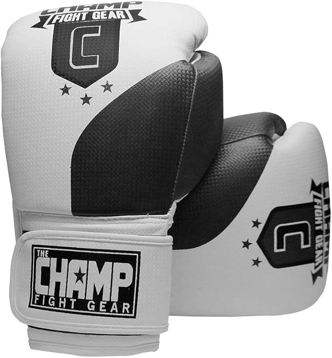 The Champ Fight Gear Alpha Series Boxing Gloves with Wrist Support for Boxing Kickboxing Muay Thai Training or Sparring Punching Bag Mitts,Black/White, 12Oz