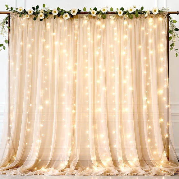 Champagne 10×10ft(2 Panels 5×10ft) Tulle Backdrop Curtain with LED Lights