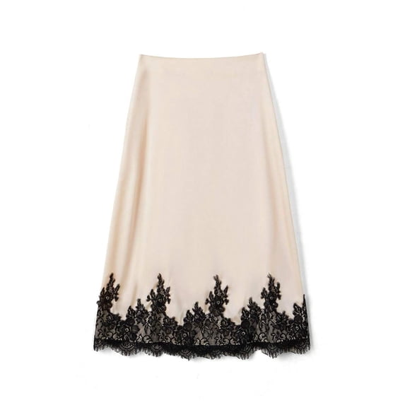 Champagne A-Line Mid-Length Skirt With Black Lace Trim Elegant Womens Skirt