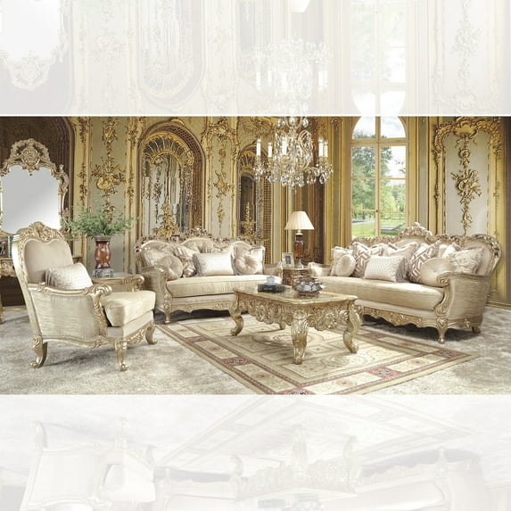 Champagne & Antique Gold Finish Sofa Set 3Pcs Traditional Homey Design HD-8925
