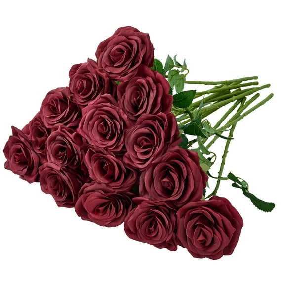 Champagne Artificial Roses Dark Red– Long Stem Faux Flowers for Wedding ...