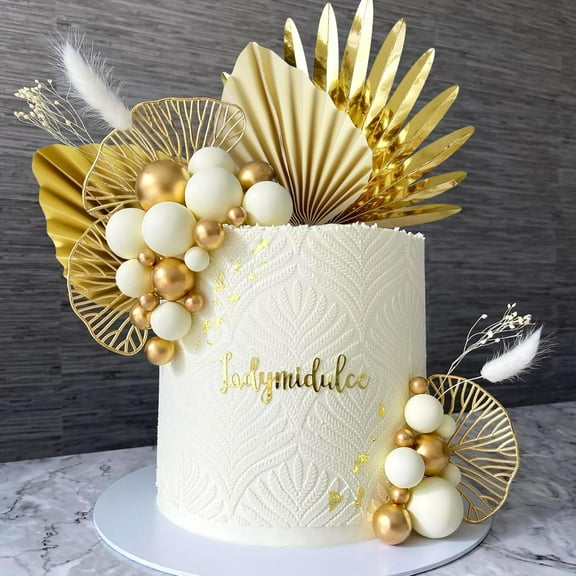 Champagne Balls Cake Topper Boho Grass Cake topper Pink White Gold Pearl Balls Happy Birthday Cake Decorations for Wedding Baby Shower Birthday Boho Themed Party Supplies