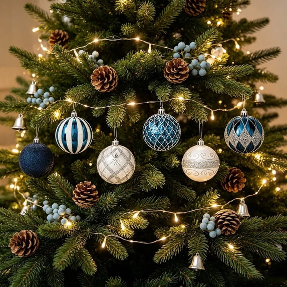 Champagne Blue Textured Christmas Ornament Set Shatterproof Printed Hanging Baubles for Christmas Tree Decor