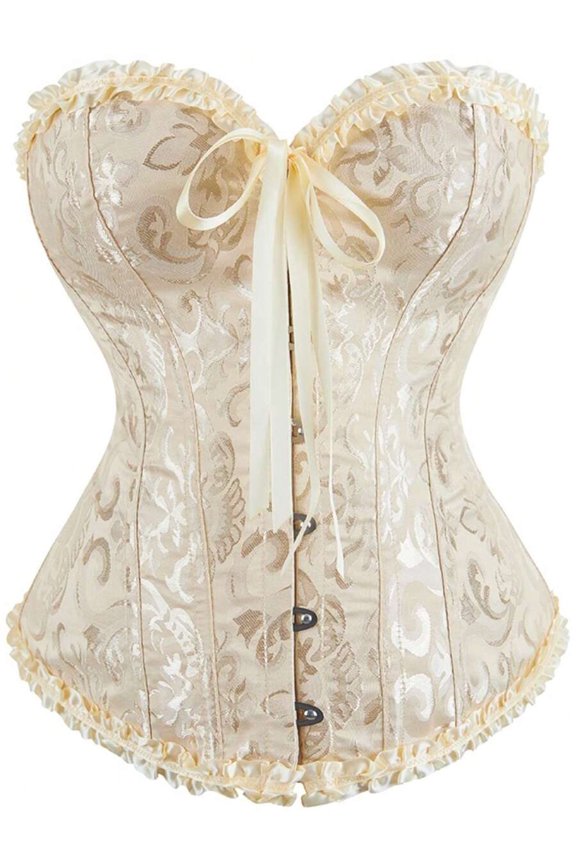 Champagne Brocade Corset Top With Ruffled Trim And Front Tie Closure