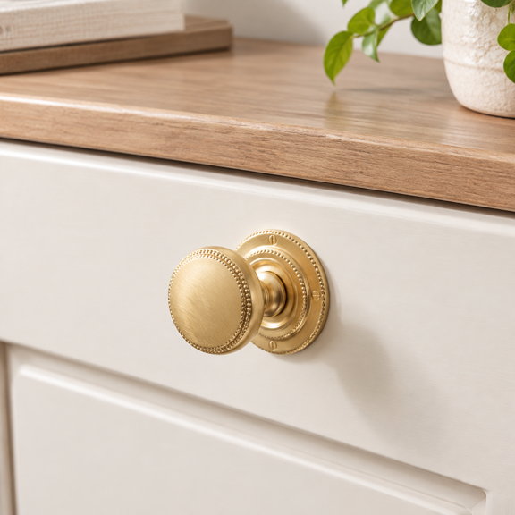 Champagne Bronze Knob With Stepped Beaded Rosette Backplate Knob With Plate4 Cabinet Furniture Pulls, 6 Pack