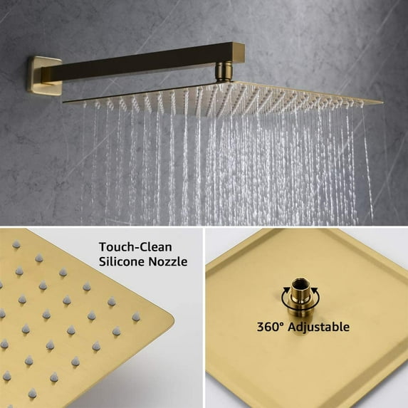 Champagne Bronze Rain Shower System with 12 Inch Shower Head and Handheld Bathroom Wall Mounted Brushed Golden Shower Set Contain Shower Faucet Mixer and Brush Gold Trim Kit (Valve Included)