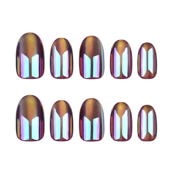 Champagne Brown Holographic Color-Shifting Chrome Press on Nails, Medium Length Squoval Glossy Iridescent False Nails, 24 Count