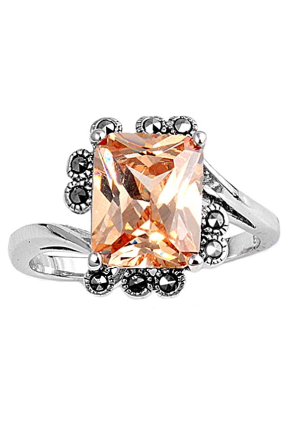 Champagne CZ Flower Solitaire Ring .925 Sterling Silver Band Orange Jewelry Female Size 6