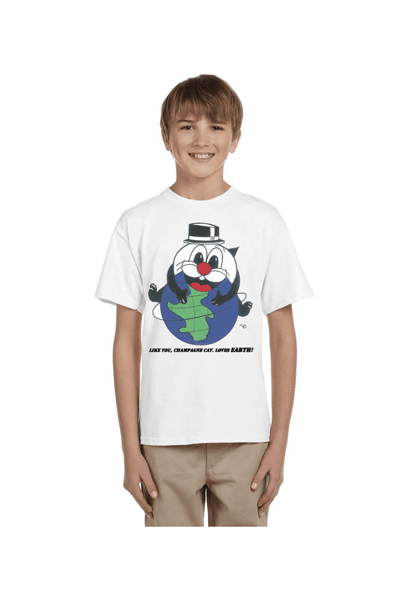 Champagne Cat Loves Earth - Youth Lg Unisex Short Sleeve Crew-Neck T-Shirt (White, 4oz. Cotton)