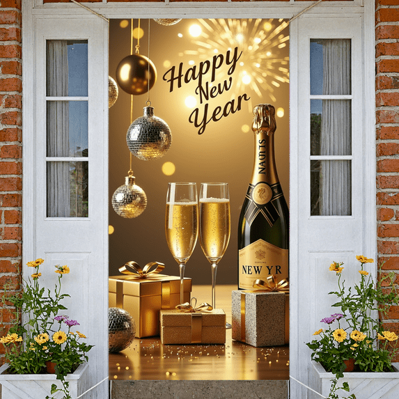 Champagne Celebration Banner New Year Party Backdrop Glittering Design Golden Theme for New Year Party Holiday Celebration Indoor Event