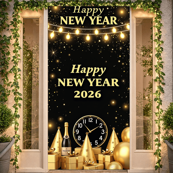 Champagne Celebration Banner New Year Party Backdrop Glittering Design Golden Theme for New Year Party Holiday Celebration Indoor Event
