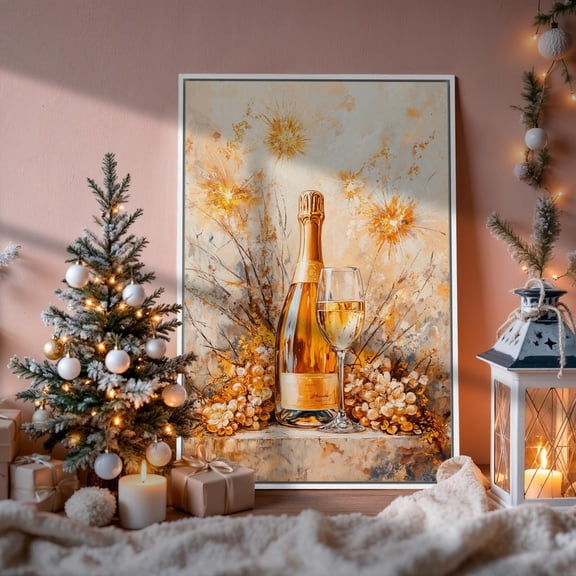 Champagne Celebration Festive Wall Art Sparkling Wine Sparks Decor Ready To Hang Unframed Paper Print
