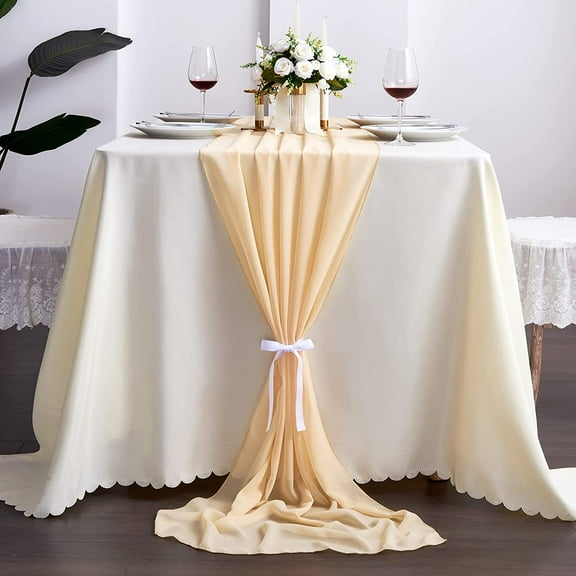 Champagne Chiffon Table Runner 10Ft Wedding Table Runner 29x120 Inches Sheer Romantic Tulle Table Runner for Wedding Decor Bridal Shower Baby Shower Birthday Party Cake Table Decoration
