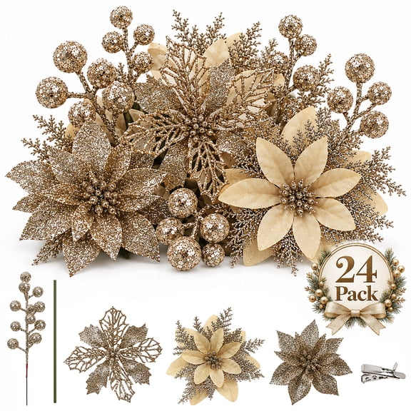 Champagne Christmas Ornament Set, Poinsettia Flowers & Glitter Berry Stems for Christmas Trees, Wreaths, Garlands and Holiday Decor, 24 Pcs
