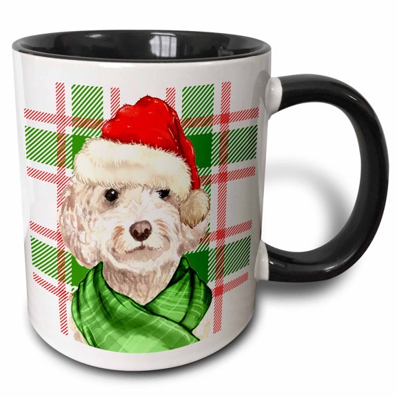 3drose, Champagne Cockapoo Christmas Dog with Red and Green Holiday Plaid, 15oz Two-tone Black Mug