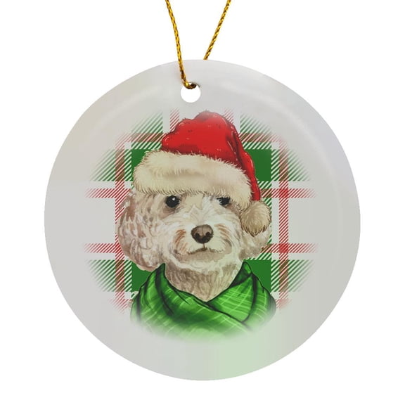 3drose, Champagne Cockapoo Christmas Dog with Red and Green Holiday Plaid, Circle Porcelain Ornament