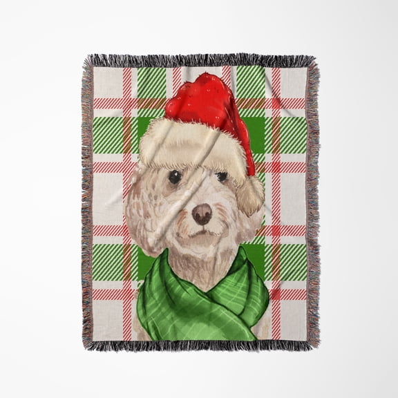 Champagne Cockapoo Christmas Dog With Red And Green Holiday Plaid, Woven Blanket