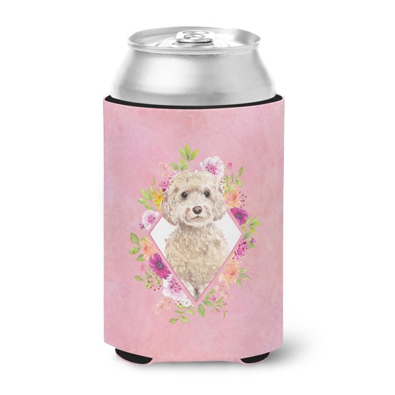 Champagne Cockapoo Pink Flowers Can or Bottle Hugger