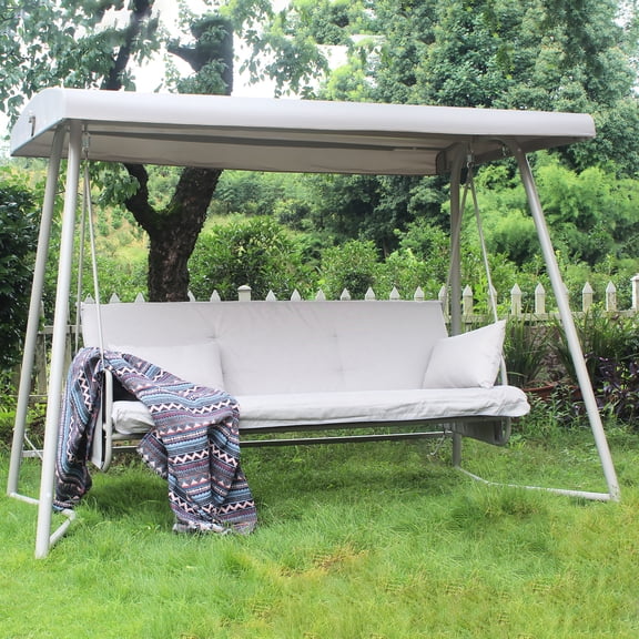 Champagne Color Outdoor 3 Metal Swing Chair With Cushion & Adjustable Canopy - Steel Construction, Waterproof Fabric Seat, Versatile Bed Option, Soft Foam Filled Cushion, Enhanced Suspension 3 In