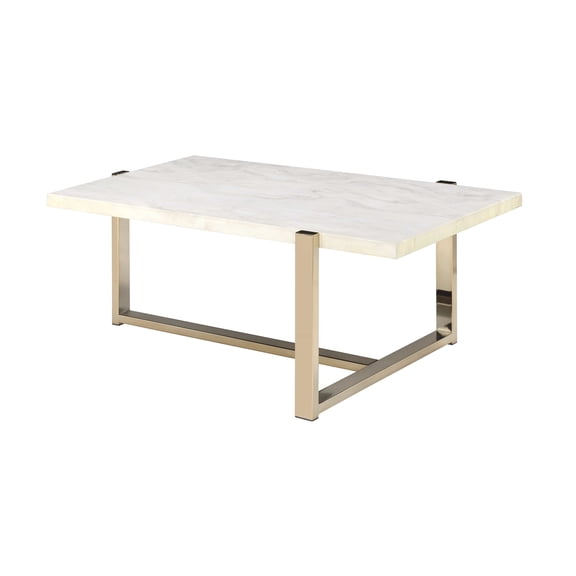 Champagne Colored Metal Frame Coffee Table With Faux Marble Top, And Chic, For Living Room, Office, Reception Area, Easy To Clean, 26in D X 43in W 18in H White Top Table, Finish, Versatile Different