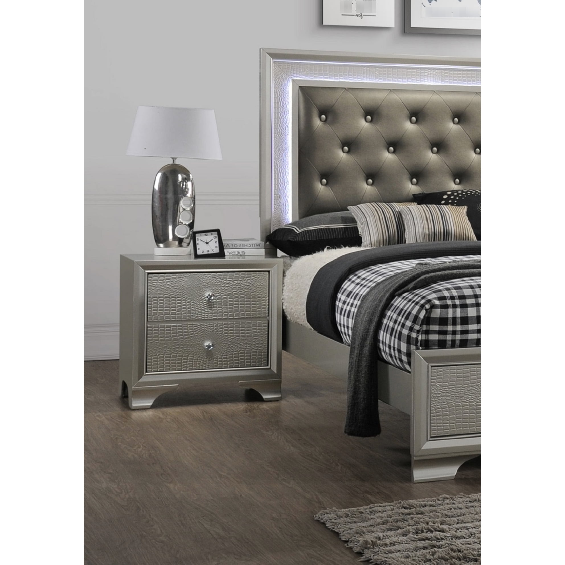 Champagne Colored Nightstand With Crocodile Pattern And Two Storage ...