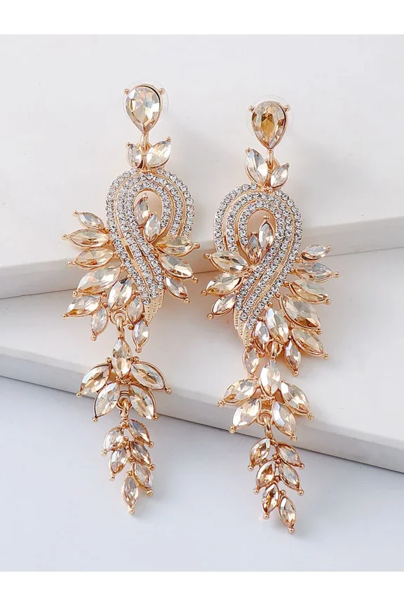 Champagne Crystal Leaf Chandelier Dangle Earrings With Goldtone Setting
