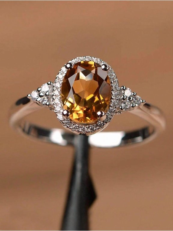 Champagne Cubic Zirconia Oval Halo Ring With Silvertone Metal For Women