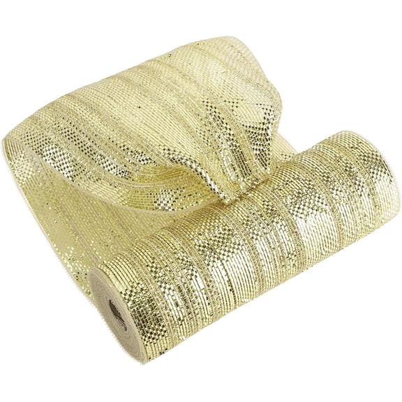 Champagne Deco Mesh 10 Inch Deluxe Wide Foil Metallic Mesh with Gold Tinsel Champagne Gold Mesh Ribbon for Christmas Tree, Wreaths, Garland, Gift Wrapping, Bows Making (30 Feet)