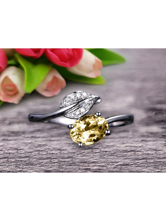 Champagne Diamond Moissanite Engagement Ring Unique Leaf and 8x6mm Oval Shaped Combination 1.50 Carat 10k White Gold Anniversary Gift