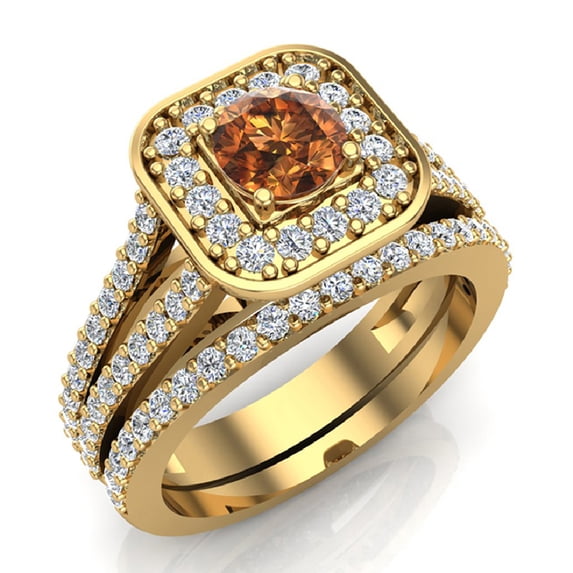 Champagne Diamond Wedding Ring Set Round Cut Diamond Cushion Halo Rings Split Shank 14K Gold 1.25 Carat