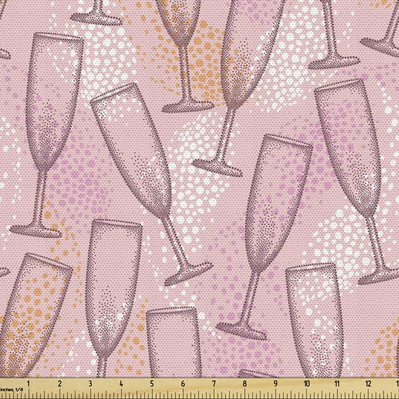 Ambesonne Champagne Fabric by the Yard Upholstery, Drink Cocktail Glasses, 5 Yards, Pale Pink Earth Yellow