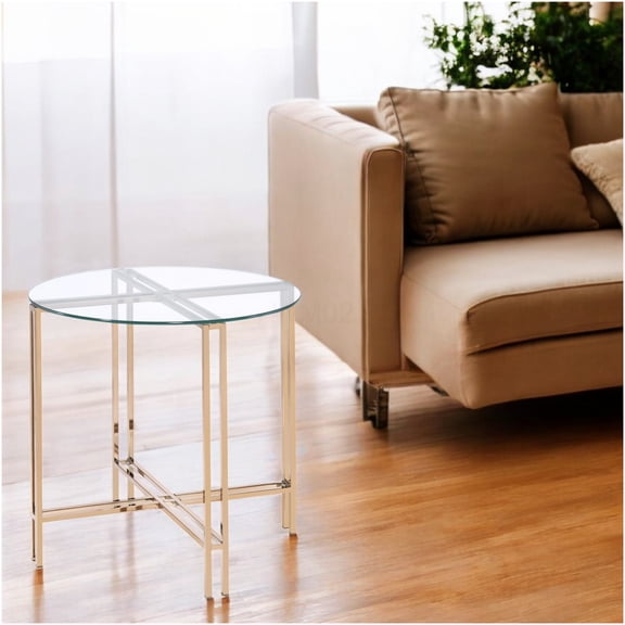 Champagne Finish End Table with Clear Glass Top, Round Metal Drum Base Accent Table for Living Room