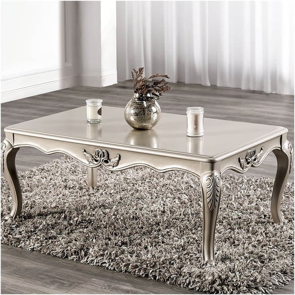 Champagne Finish Traditional Coffee Table with Curved Cabriole Legs and Carved Detailing