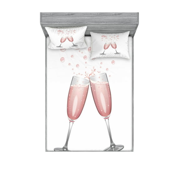 Champagne Fitted Sheet & Pillow Sham Set, Clinking Glasses with Blush Drink Celebration Themed Party Illustration, Decorative Printed 6 Piece Bedding Decor Set, Queen, Blush Pale Grey, by Ambesonne