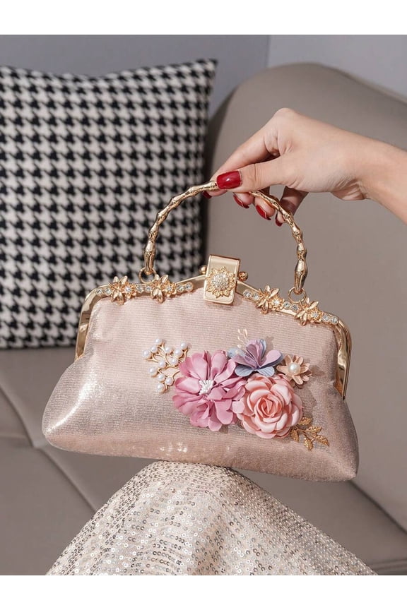 Champagne Floral Clutch Evening Handbag With Goldtone Frame