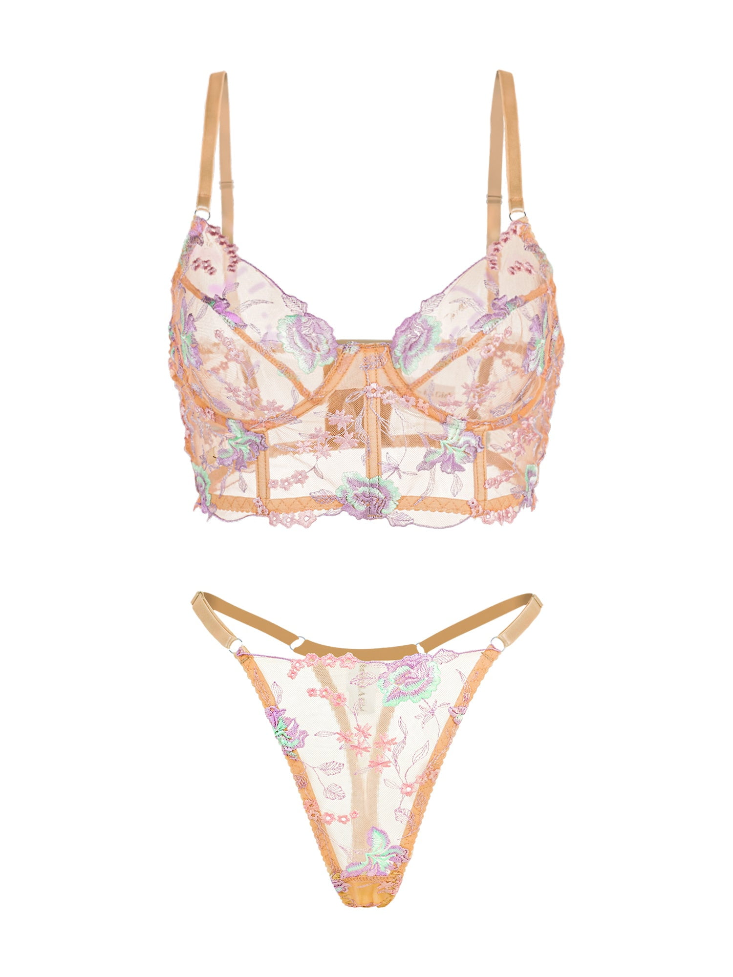 Champagne Floral Sexy Sheer Embroidered Lingerie Set (CHAMPAGNE, L)
