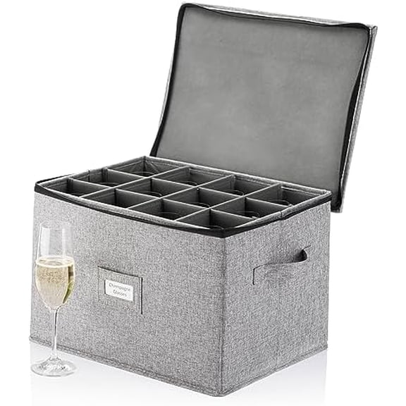Champagne Flute Storage Box - Hard Shell China Storage Holds 12 Stemware Glasses - Protects Flutes, Crystal Glass, Wine Glasses and Fine China - Stackable - Fully Padded Inside