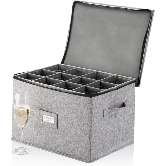 Champagne Flute Storage Box - Hard Shell China Storage Holds 12 Stemware Glasses - Protects Flutes, Crystal Glass, Wine Glasses and Fine China - Stackable - Fully Padded Inside