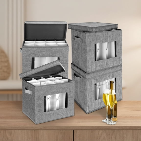 Champagne Flute Storage Box with Dividers, 12 Compartment Stemware Storage Case with Lid, Handles, PVC Window, Gray