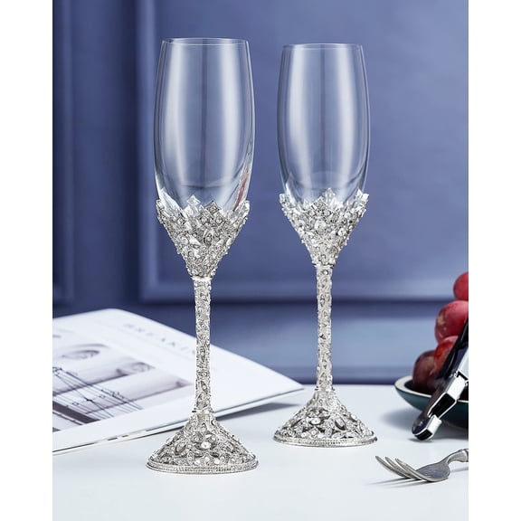 Champagne Flutes - Crystal Glass Metal Base With Crystal Stones, Set of 2 Toasting Flute Pair, Wedding Anniversary Party Birthday Banquets and Gifts for Bride and Groom7oz