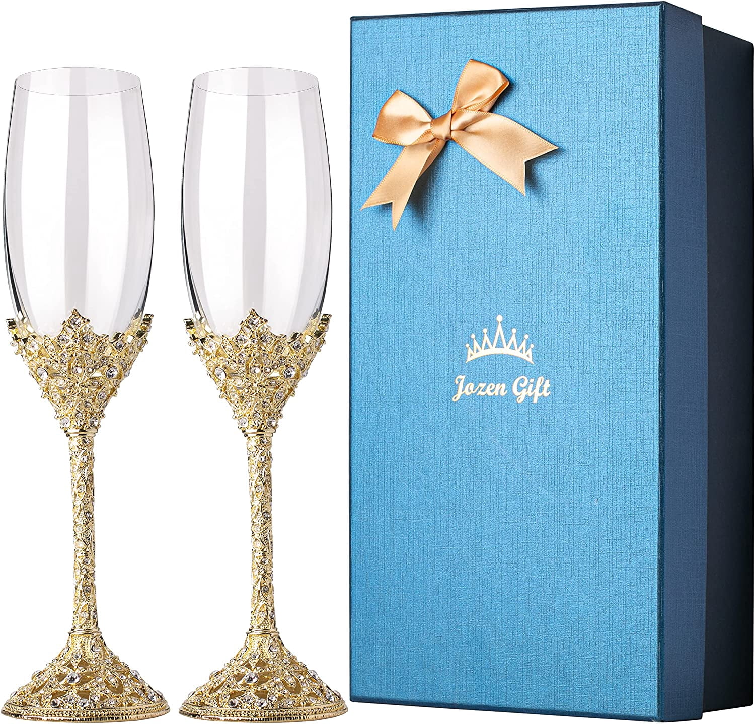 Champagne Flutes - Crystal Glass Metal Base With Crystal Stones, Set of 2 Toasting Flute Pair, Wedding Anniversary Party Birthday Banquets and Gifts for Bride and Groom7oz