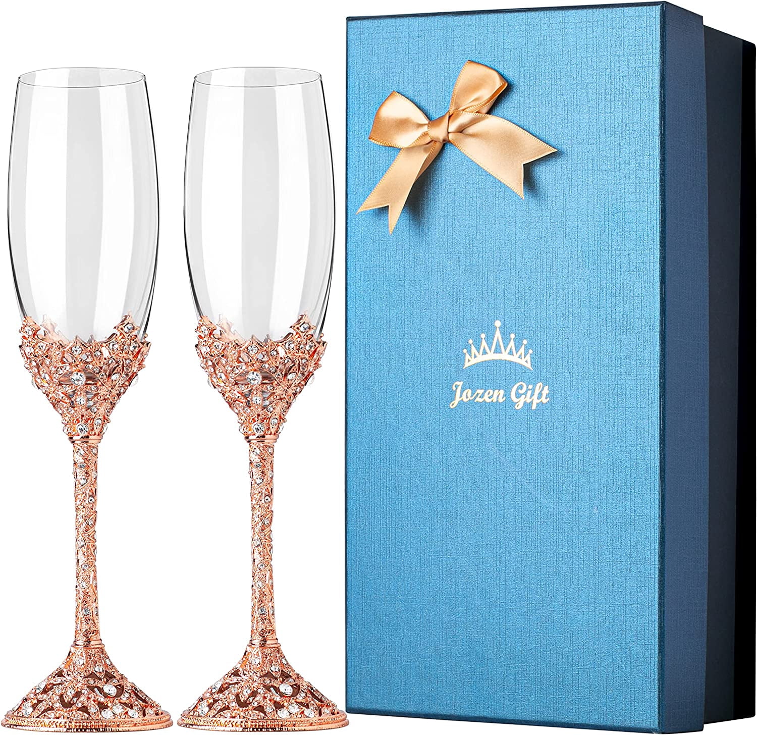 Champagne Flutes - Crystal Glass Metal Base With Crystal Stones, Set of 2 Toasting Flute Pair, Wedding Anniversary Party Birthday Banquets and Gifts for Bride and Groom7oz