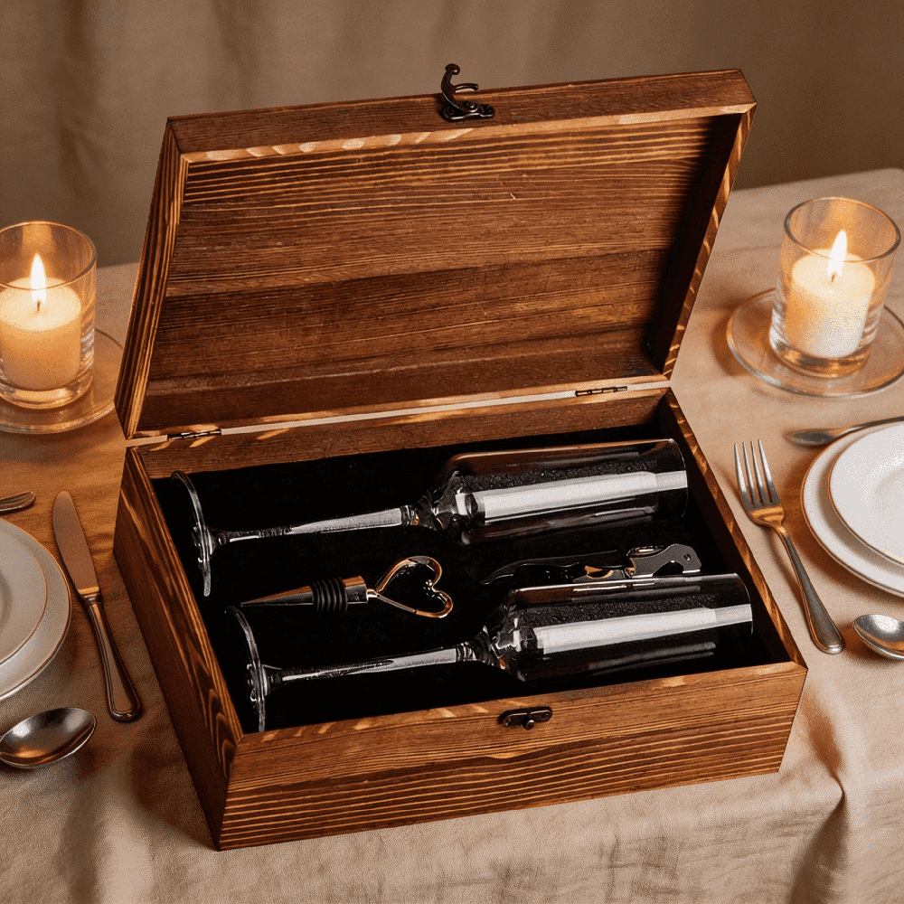 Champagne Flutes Gift Set of 2 with Rustic Wooden Keepsake Box - 8oz Crystal Toasting Glasses, Heart-Shaped Stopper & Corkscrew - Luxury Wedding, Anniversary & Engagement Gifts for Couples