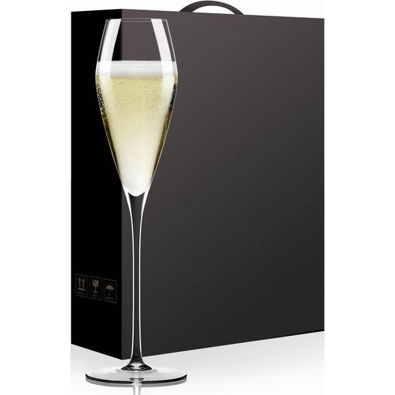 Champagne Flutes Glasses Set of 2, Hand Blown Crystal Wedding Flutes Glass, Ideal for Weddings, Anniversaries, Christmas, Special Days, 10.5 inch, 7.5 oz, Clear